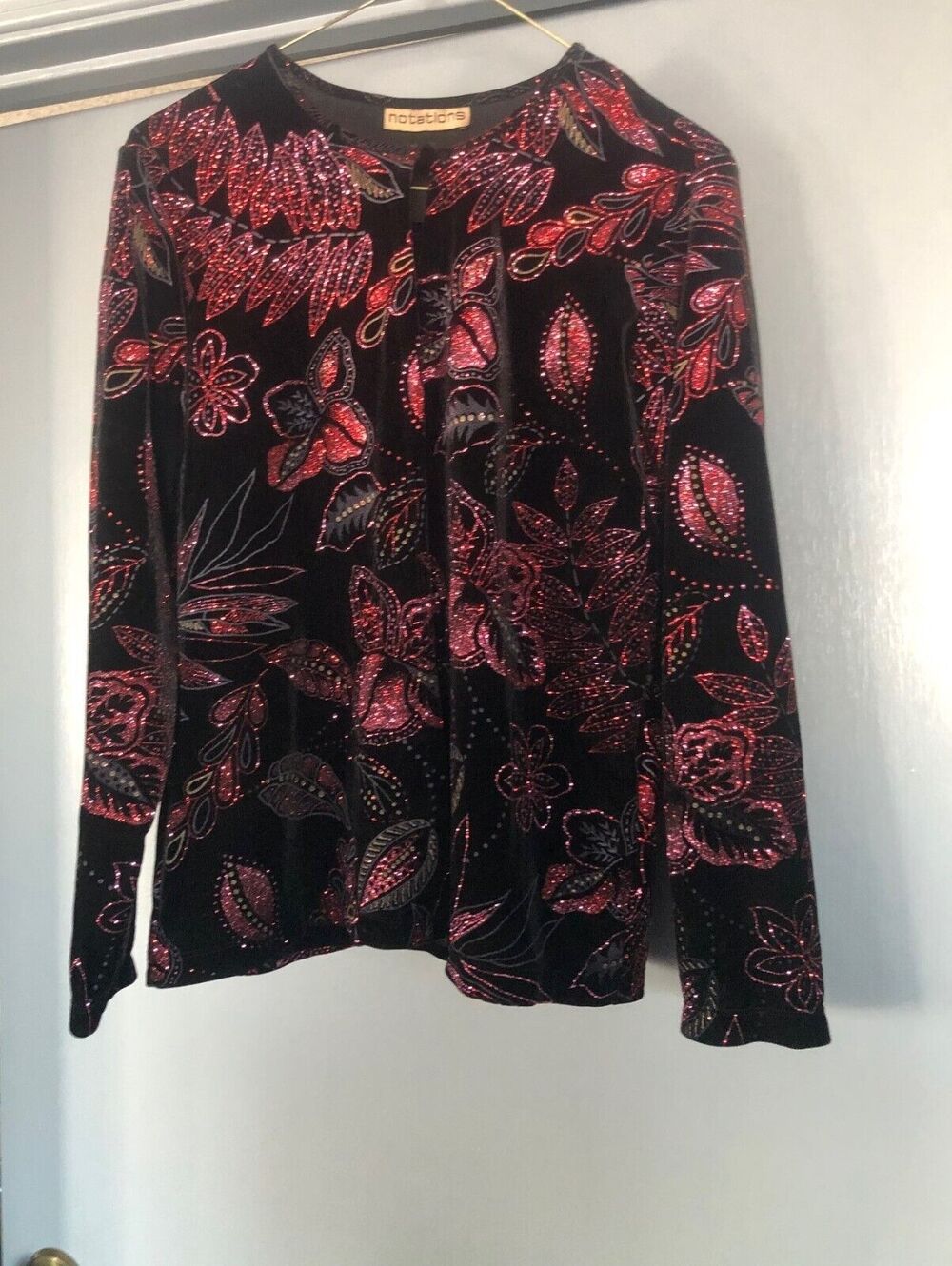 Notations Women's Sz Large Top and Jacket Black Red Glittery Floral Design